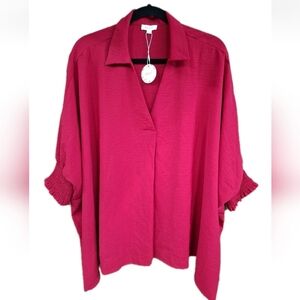 ODDY Oversized Flowy Red V Neck With Gathered Smocked Sleeve NWT